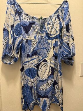 Women’s Blue and White Leaf Print Peasant dress